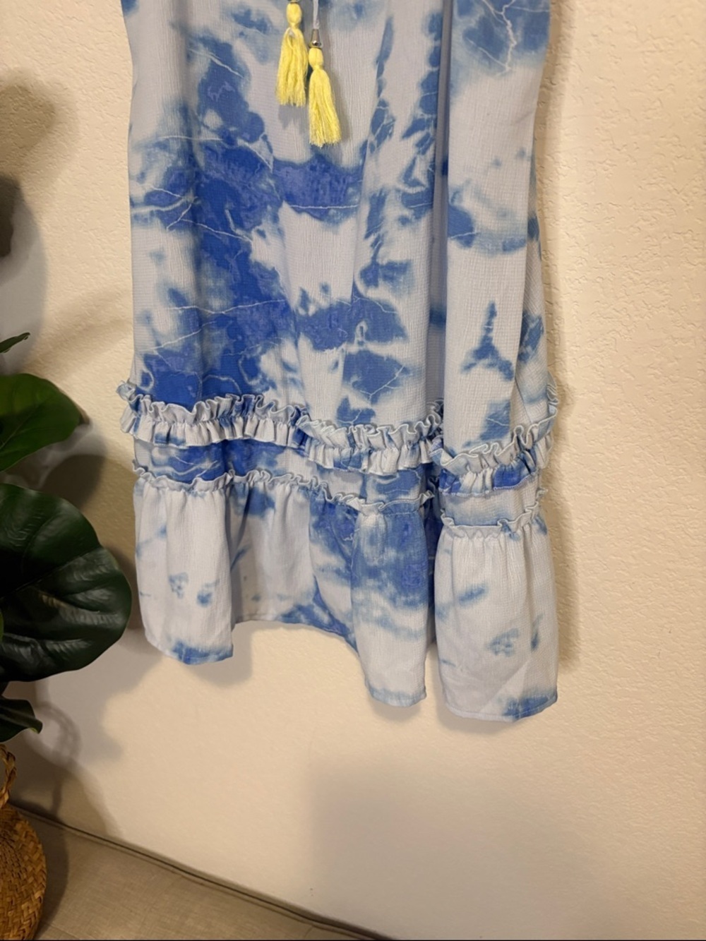 Blue Tie-Dye Ruffle Mini Dress swim cover up L - Picture 4 of 6